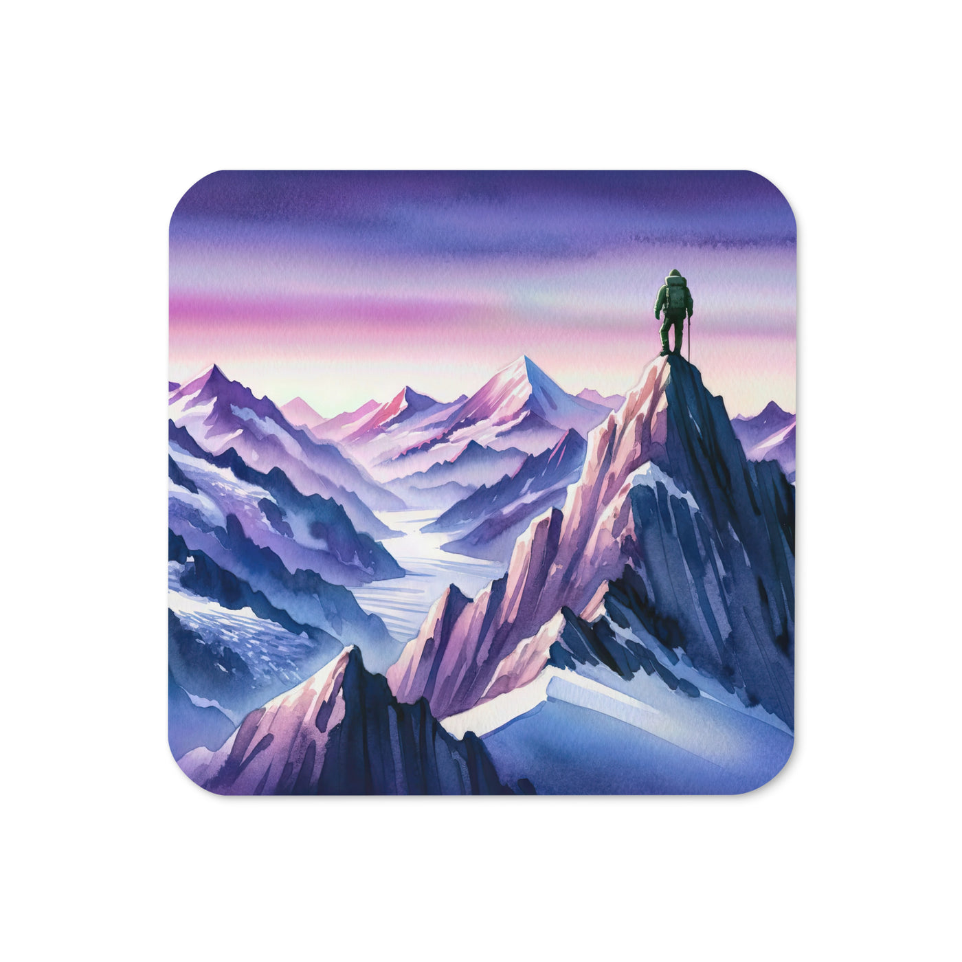 Aquarell eines Bergsteigers auf einem Alpengipfel in der Abenddämmerung - Untersetzer wandern xxx yyy zzz Default Title