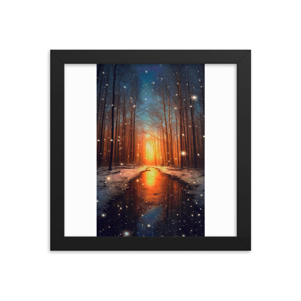 Bäume im Winter, Schnee, Sonnenaufgang und Fluss - Premium Poster mit Rahmen camping xxx Black 25.4 x 25.4 cm