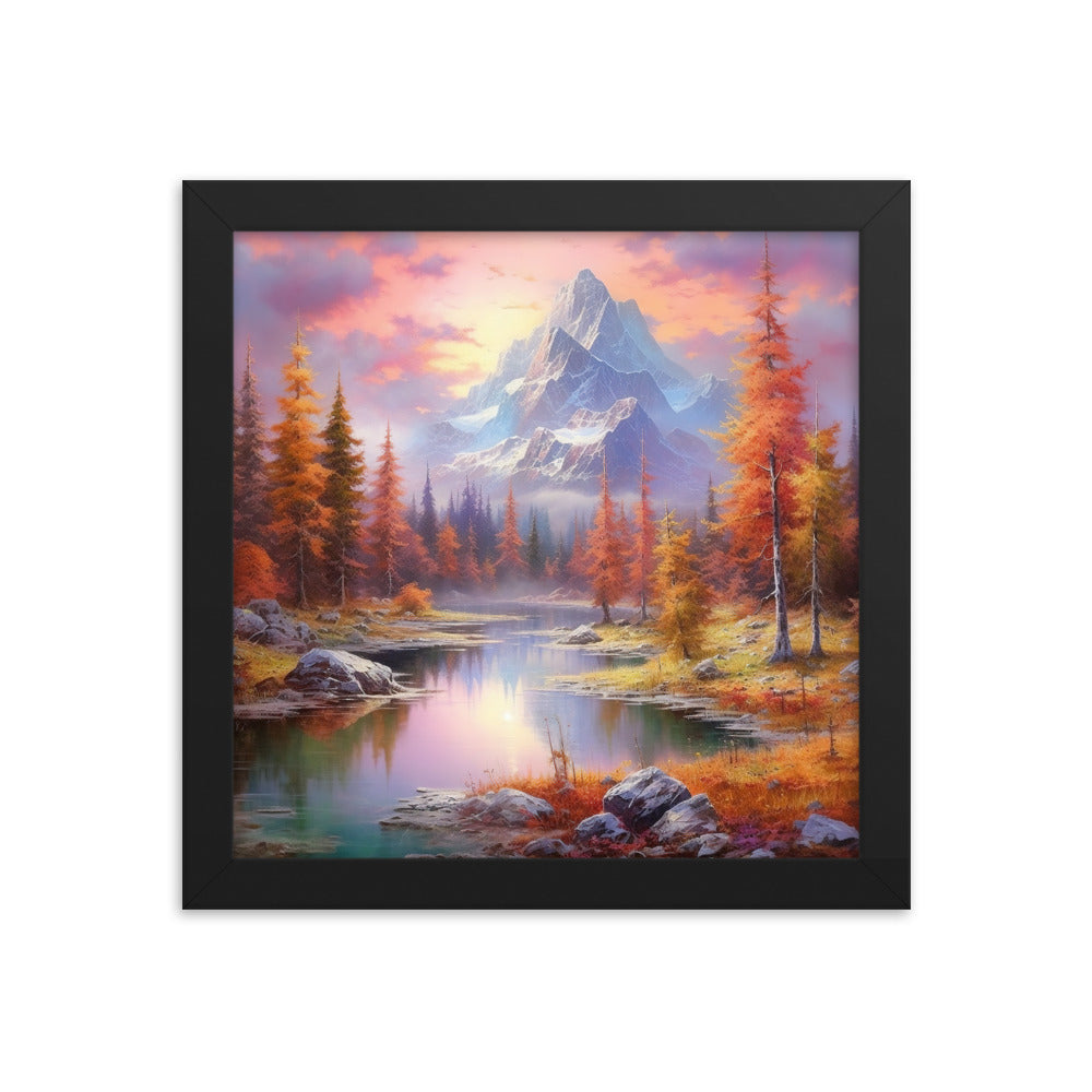 Landschaftsmalerei - Berge, Bäume, Bergsee und Herbstfarben - Premium Poster mit Rahmen berge xxx 25.4 x 25.4 cm