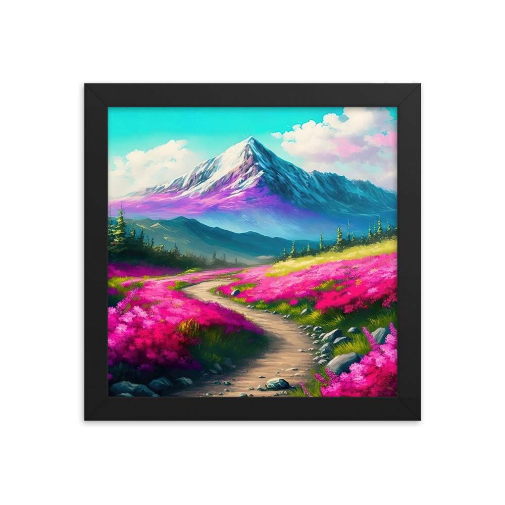 Berg, pinke Blumen und Wanderweg - Landschaftsmalerei - Premium Poster mit Rahmen berge xxx Black 25.4 x 25.4 cm