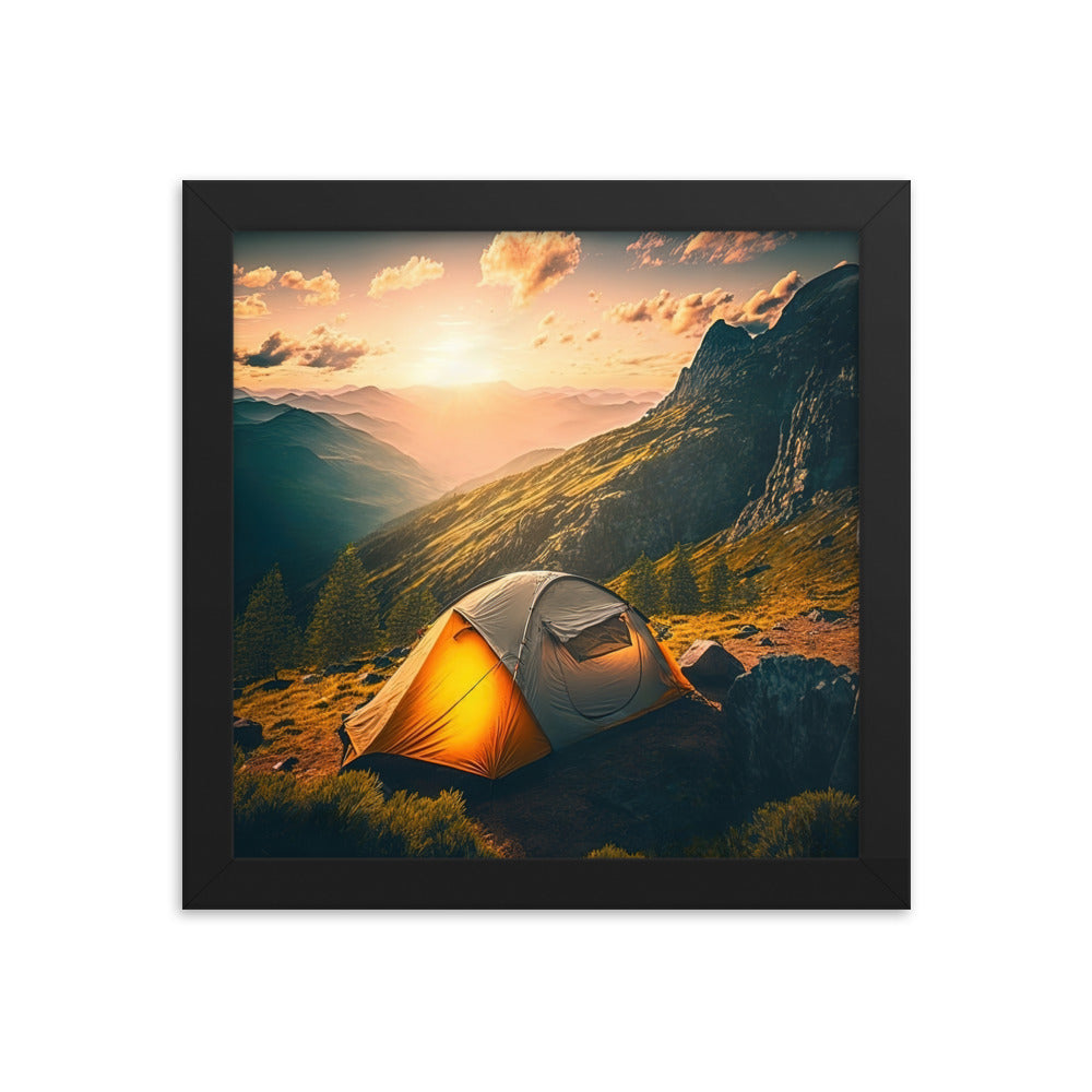 Zelt auf Berg im Sonnenaufgang - Landschafts - Premium Poster mit Rahmen camping xxx 25.4 x 25.4 cm