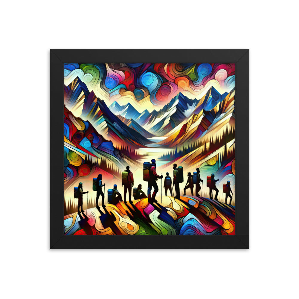 Abstraktes Kunstgemälde der Alpen voller lebendiger Muster. Ein vielfältiges Wanderteam, sowohl Männer als auch Frauen - Enhanced Matte wandern xxx yyy zzz 25.4 x 25.4 cm