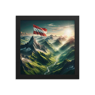 Alpen Gebirge: Fotorealistische Bergfläche mit Österreichischer Flagge - Premium Poster mit Rahmen berge xxx yyy zzz 25.4 x 25.4 cm