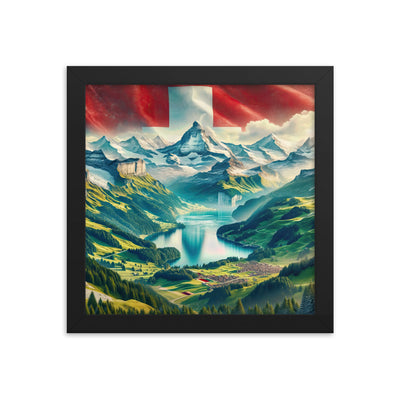 Berg Panorama: Schneeberge und Täler mit Schweizer Flagge - Premium Poster mit Rahmen berge xxx yyy zzz 25.4 x 25.4 cm