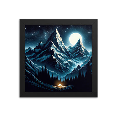 Alpennacht mit Zelt: Mondglanz auf Gipfeln und Tälern, sternenklarer Himmel - Premium Poster mit Rahmen berge xxx yyy zzz 25.4 x 25.4 cm