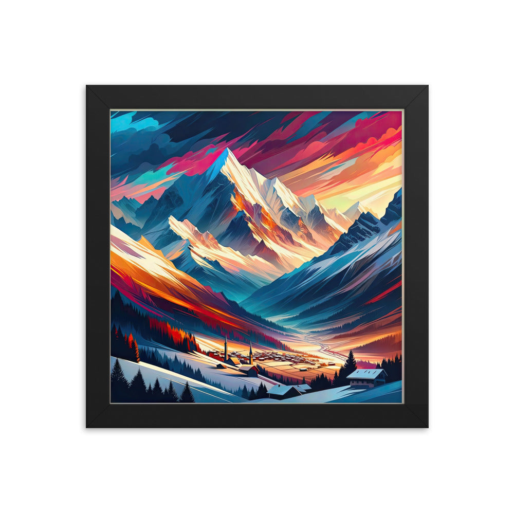 Moderne geometrische Alpen Kunst: Warmer Sonnenuntergangs Schein auf Schneegipfeln - Premium Poster mit Rahmen berge xxx yyy zzz 25.4 x 25.4 cm