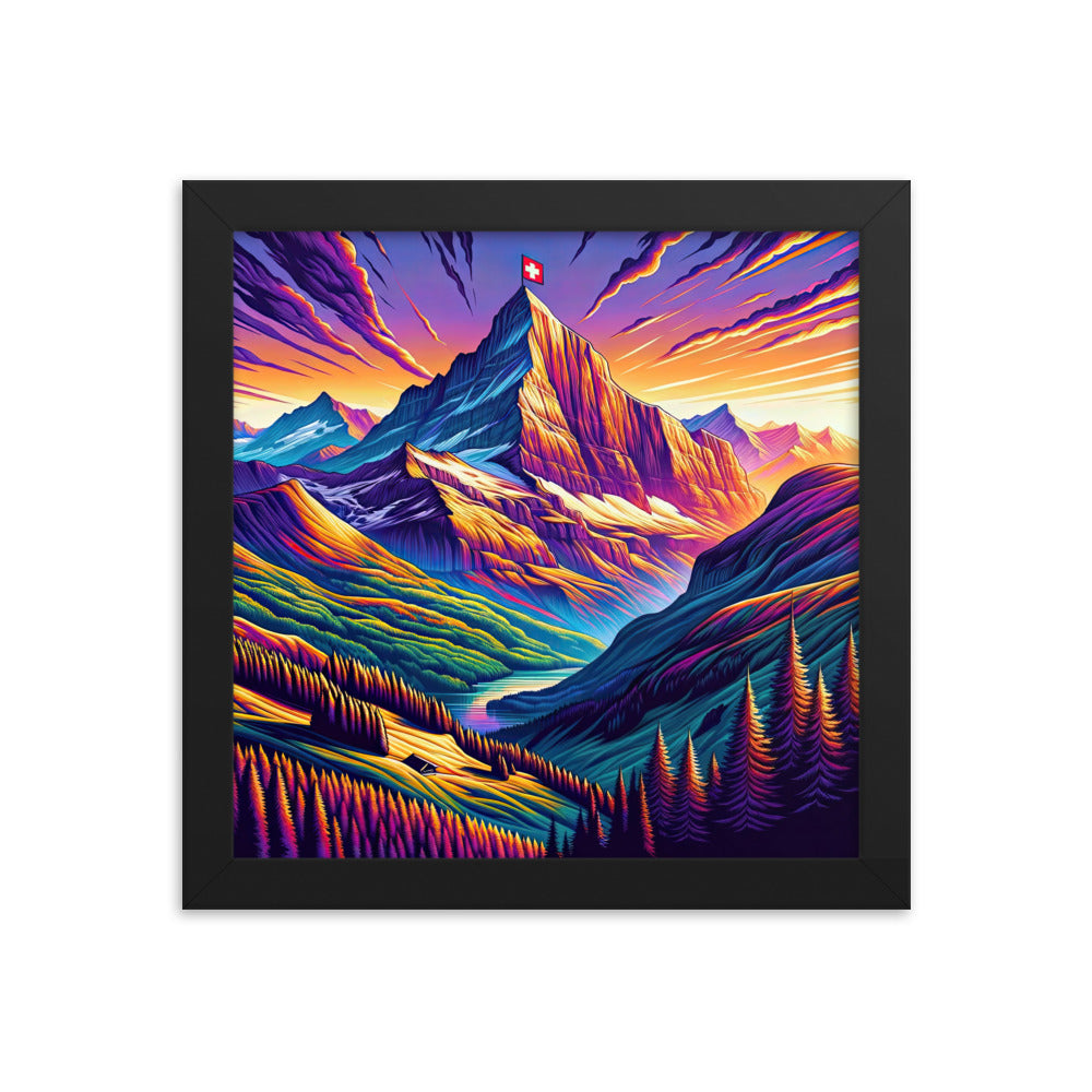 Bergpracht mit Schweizer Flagge: Farbenfrohe Illustration einer Berglandschaft - Premium Poster mit Rahmen berge xxx yyy zzz 25.4 x 25.4 cm