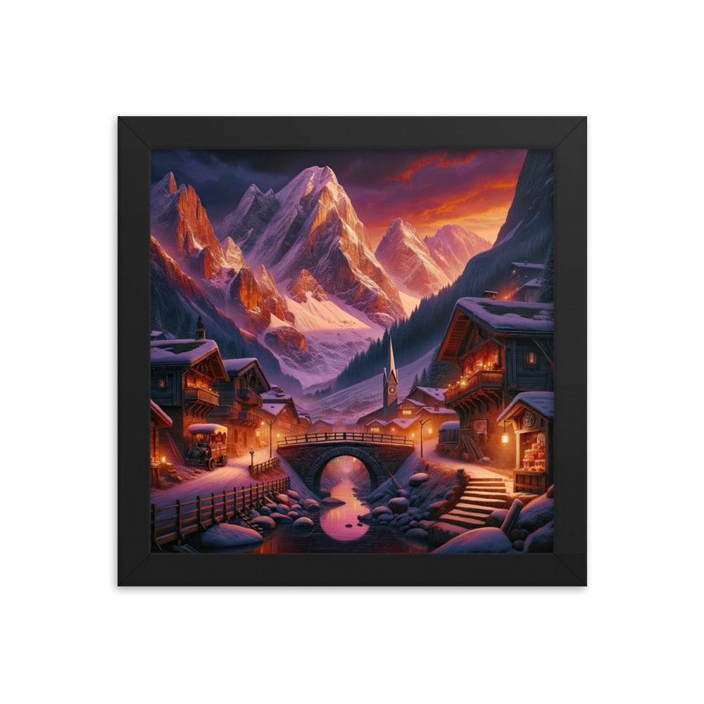Magische Alpenstunde: Digitale Kunst mit warmem Himmelsschein über schneebedeckte Berge - Premium Poster mit Rahmen berge xxx yyy zzz 25.4 x 25.4 cm