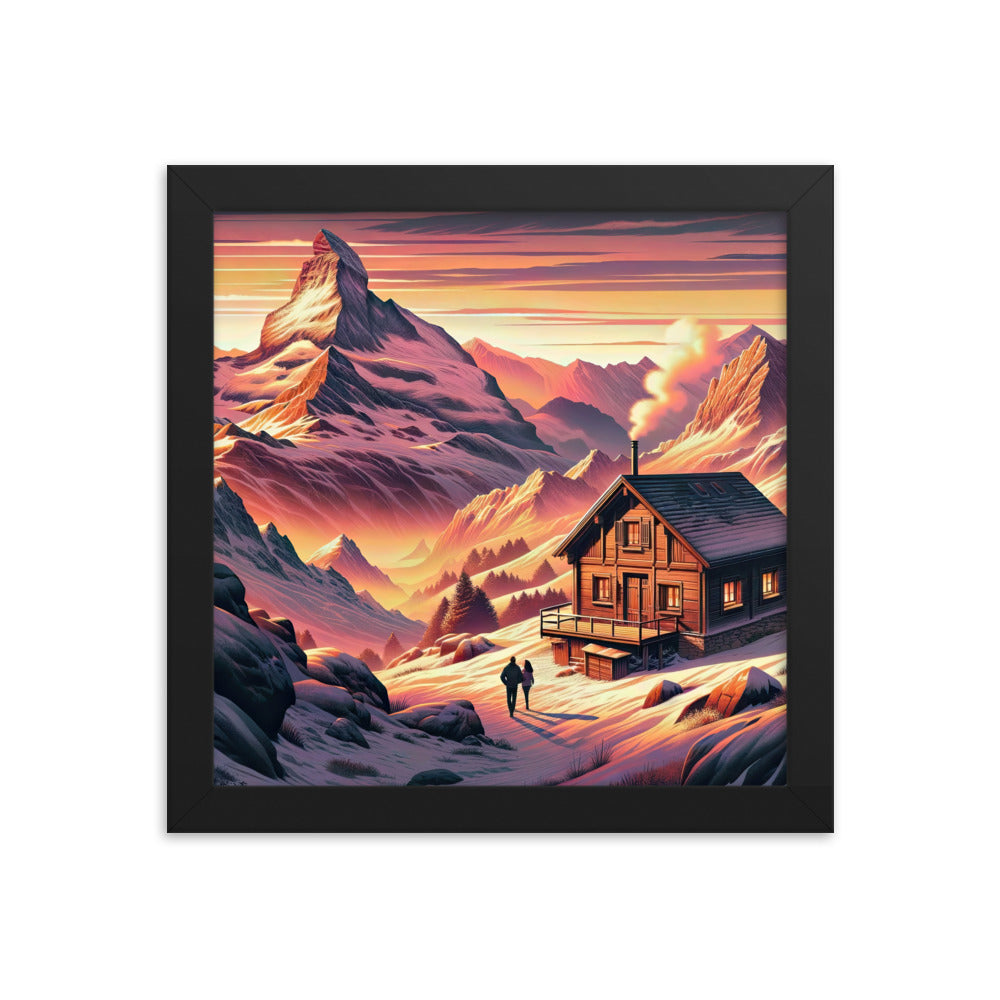 Berghütte im goldenen Sonnenuntergang: Digitale Alpenillustration - Premium Poster mit Rahmen berge xxx yyy zzz 25.4 x 25.4 cm