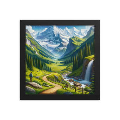 Wanderer in den Bergen und Wald: Digitale Malerei mit grünen kurvenreichen Pfaden - Premium Poster mit Rahmen wandern xxx yyy zzz 25.4 x 25.4 cm