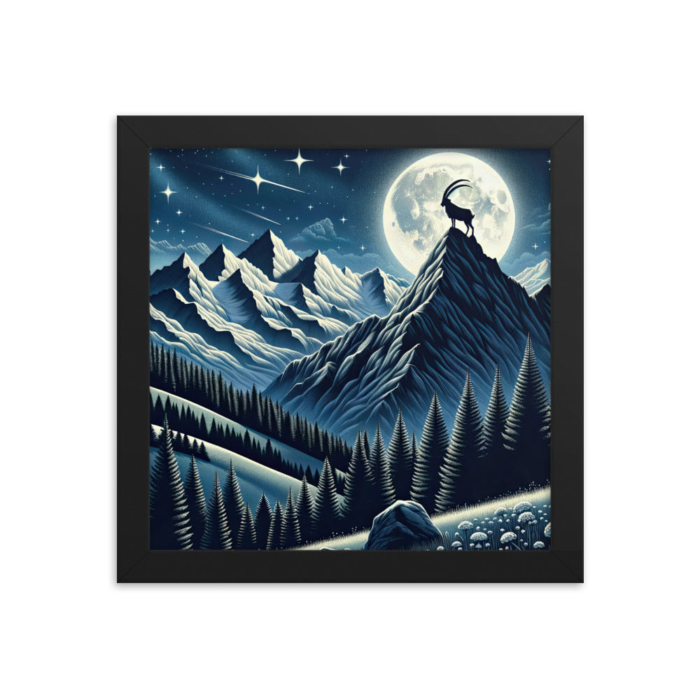 Steinbock in Alpennacht, silberne Berge und Sternenhimmel - Premium Poster mit Rahmen berge xxx yyy zzz 25.4 x 25.4 cm