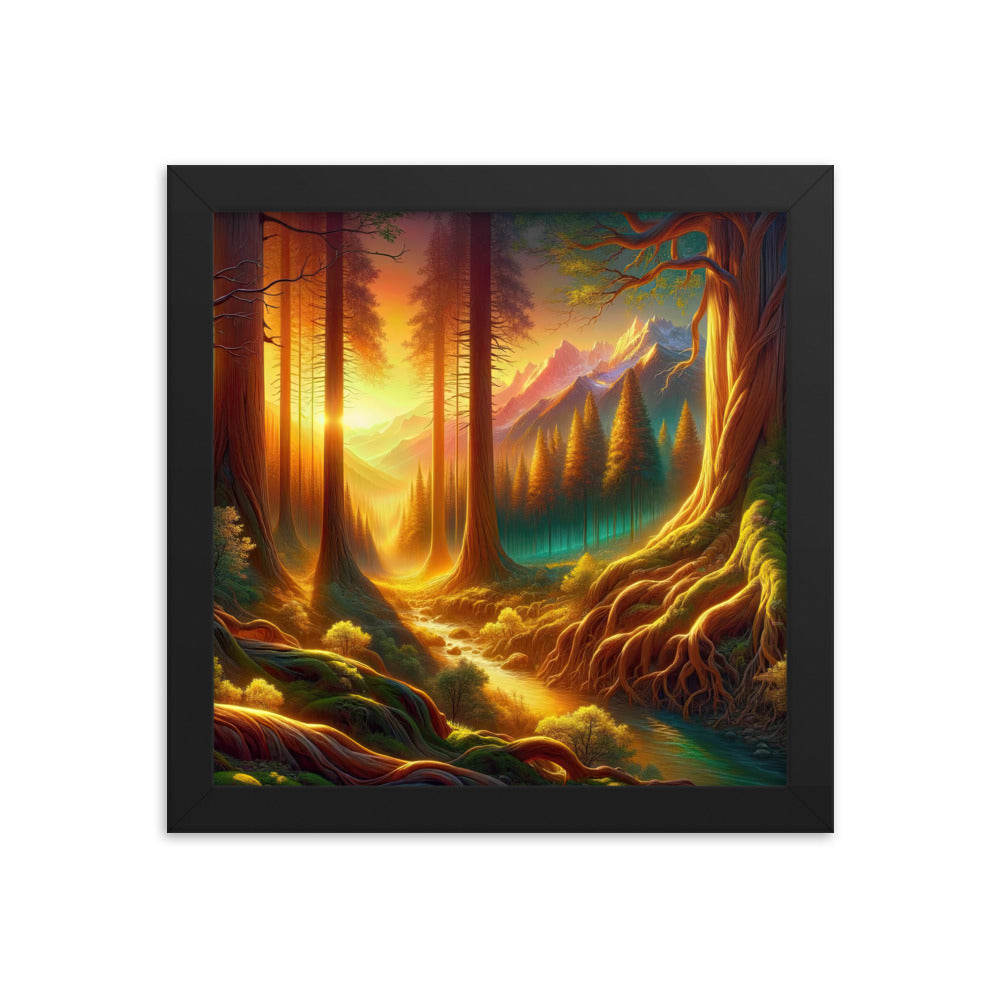 Golden-Stunde Alpenwald, Sonnenlicht durch Blätterdach - Premium Poster mit Rahmen camping xxx yyy zzz 25.4 x 25.4 cm