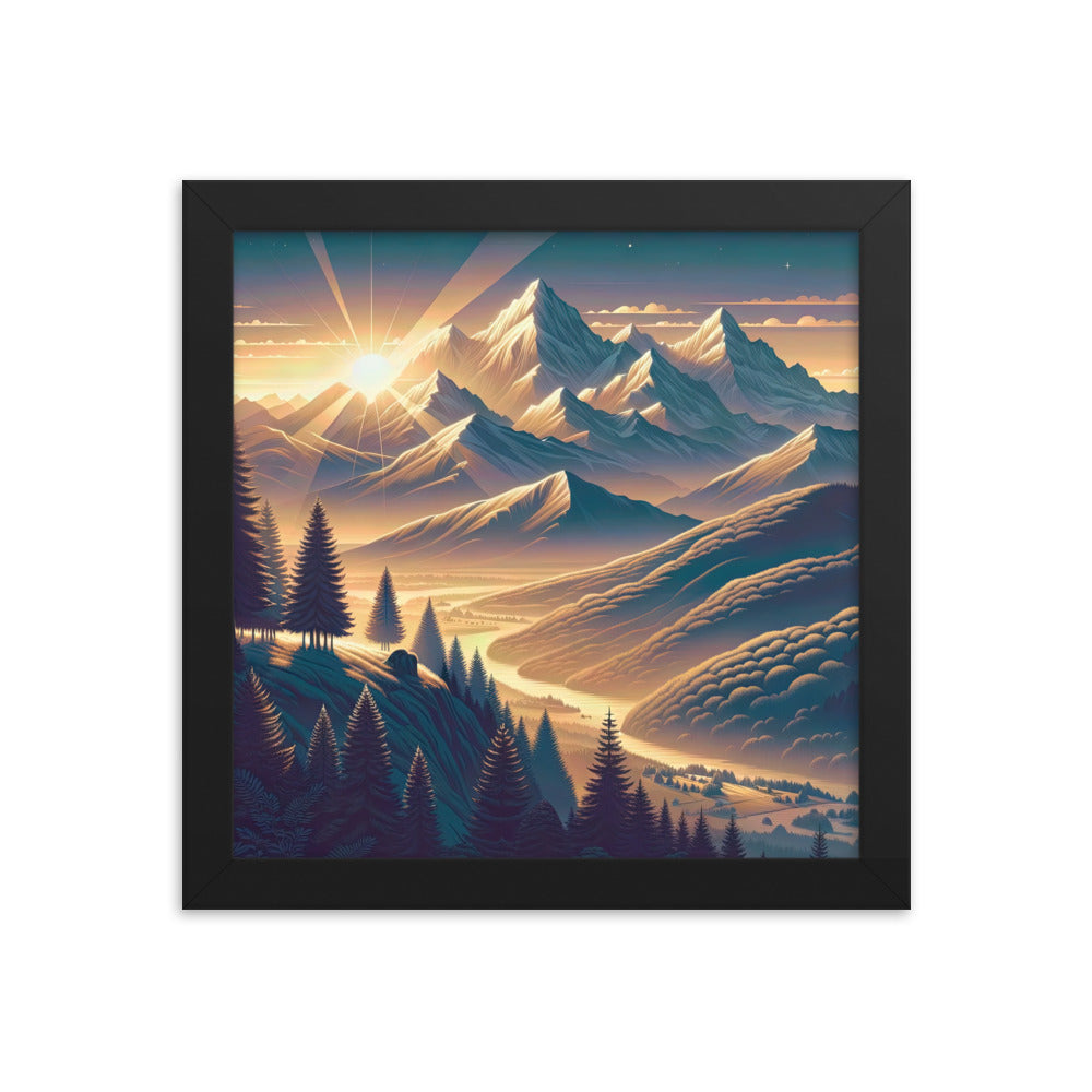 Alpen-Morgendämmerung, erste Sonnenstrahlen auf Schneegipfeln - Premium Poster mit Rahmen berge xxx yyy zzz 25.4 x 25.4 cm