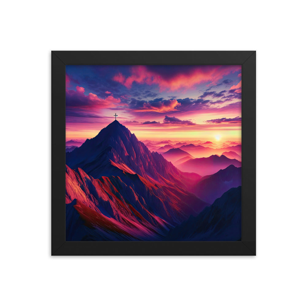 Dramatischer Alpen-Sonnenaufgang, Gipfelkreuz und warme Himmelsfarben - Premium Poster mit Rahmen berge xxx yyy zzz 25.4 x 25.4 cm