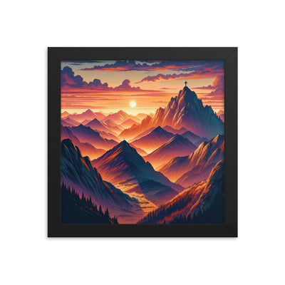 Dramatischer Alpen-Sonnenuntergang, Gipfelkreuz in Orange-Rosa - Premium Poster mit Rahmen berge xxx yyy zzz 25.4 x 25.4 cm