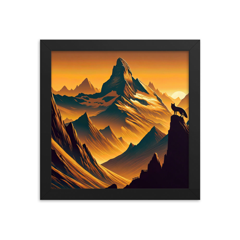 Fuchs in Alpen-Sonnenuntergang, goldene Berge und tiefe Täler - Premium Poster mit Rahmen camping xxx yyy zzz 25.4 x 25.4 cm
