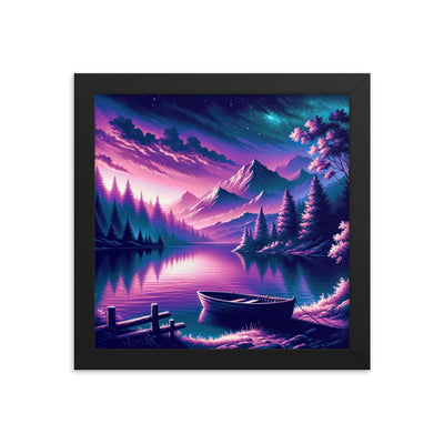 Magische Alpen-Dämmerung, rosa-lila Himmel und Bergsee mit Boot - Premium Poster mit Rahmen berge xxx yyy zzz 25.4 x 25.4 cm