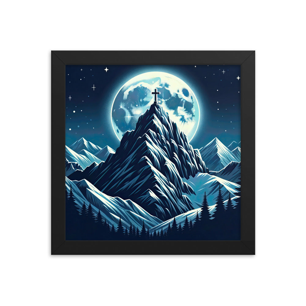 Mondnacht und Gipfelkreuz in den Alpen, glitzernde Schneegipfel - Premium Poster mit Rahmen berge xxx yyy zzz 25.4 x 25.4 cm
