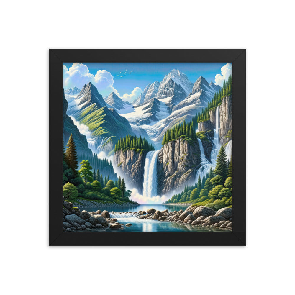 Illustration einer unberührten Alpenkulisse im Hochsommer. Wasserfall und See - Premium Poster mit Rahmen berge xxx yyy zzz 25.4 x 25.4 cm