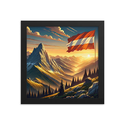 Ruhiger Alpenabend mit österreichischer Flagge und goldenem Sonnenuntergang - Premium Poster mit Rahmen berge xxx yyy zzz 25.4 x 25.4 cm