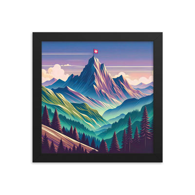 Harmonische Berglandschaft mit Schweizer Flagge auf Gipfel - Premium Poster mit Rahmen berge xxx yyy zzz 25.4 x 25.4 cm