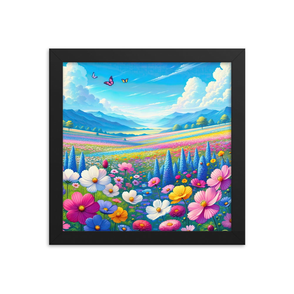 Weitläufiges Blumenfeld unter himmelblauem Himmel, leuchtende Flora - Premium Poster mit Rahmen camping xxx yyy zzz 25.4 x 25.4 cm