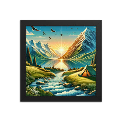 Zelt im Alpenmorgen mit goldenem Licht, Schneebergen und unberührten Seen - Premium Poster mit Rahmen berge xxx yyy zzz 25.4 x 25.4 cm