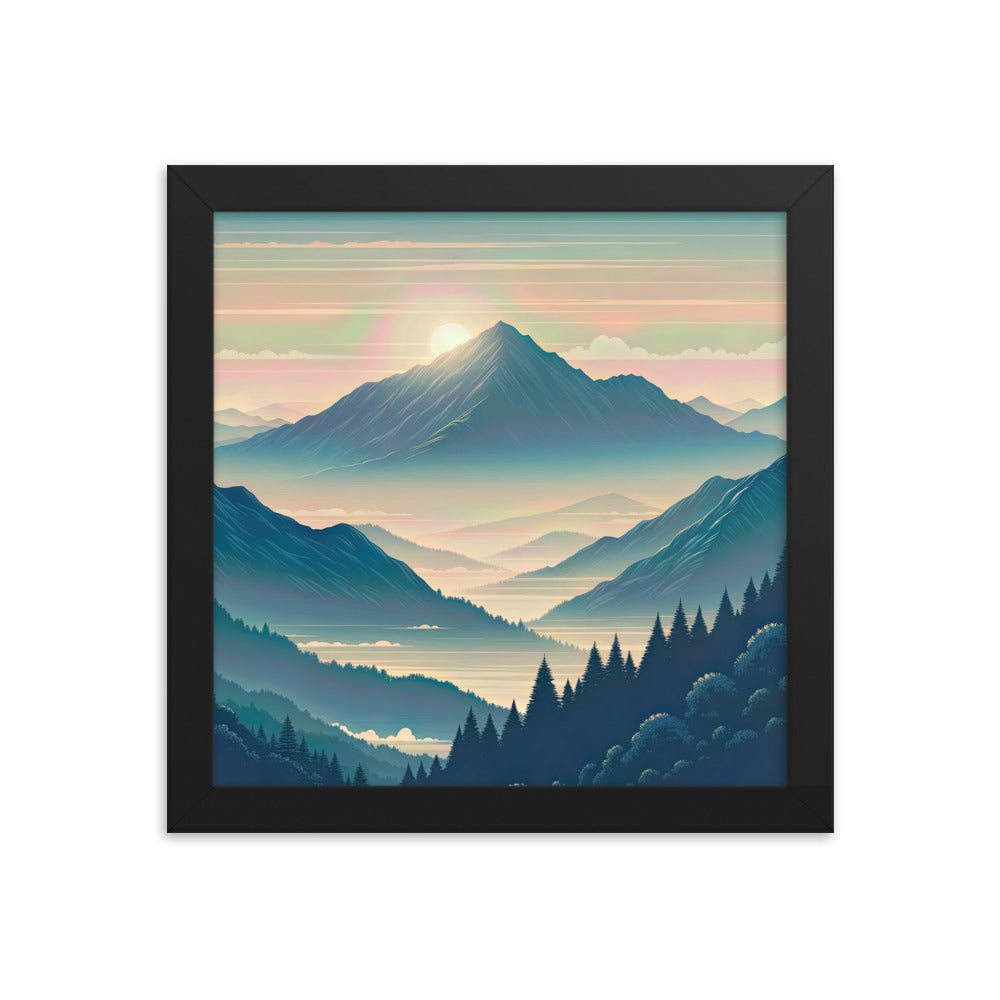 Bergszene bei Morgendämmerung, erste Sonnenstrahlen auf Bergrücken - Premium Poster mit Rahmen berge xxx yyy zzz 25.4 x 25.4 cm