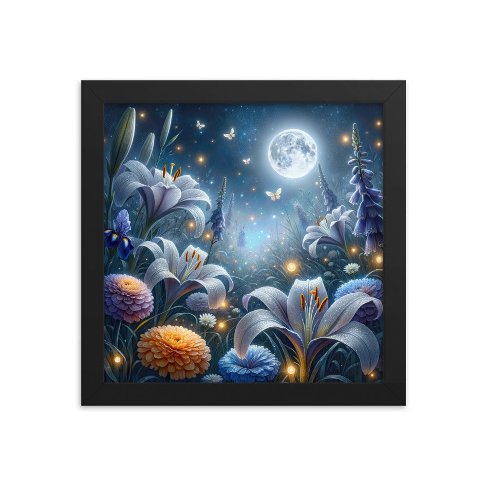 Ätherische Mondnacht auf blühender Wiese, silbriger Blumenglanz - Premium Poster mit Rahmen camping xxx yyy zzz 25.4 x 25.4 cm