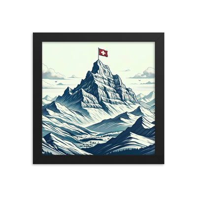 Ausgedehnte Bergkette mit dominierendem Gipfel und wehender Schweizer Flagge - Premium Poster mit Rahmen berge xxx yyy zzz 25.4 x 25.4 cm