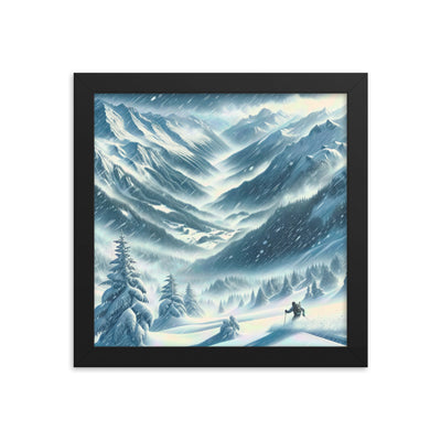 Alpine Wildnis im Wintersturm mit Skifahrer, verschneite Landschaft - Premium Poster mit Rahmen klettern ski xxx yyy zzz 25.4 x 25.4 cm