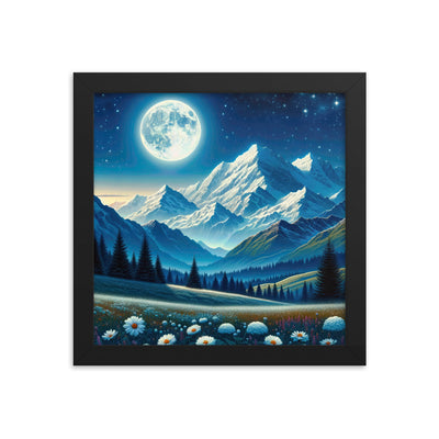 Klare frühlingshafte Alpennacht mit Blumen und Vollmond über Schneegipfeln - Premium Poster mit Rahmen berge xxx yyy zzz 25.4 x 25.4 cm