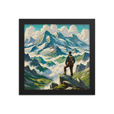Panoramablick der Alpen mit Wanderer auf einem Hügel und schroffen Gipfeln - Premium Poster mit Rahmen wandern xxx yyy zzz 25.4 x 25.4 cm