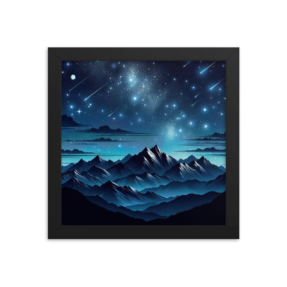 Alpen unter Sternenhimmel mit glitzernden Sternen und Meteoren - Premium Poster mit Rahmen berge xxx yyy zzz 25.4 x 25.4 cm