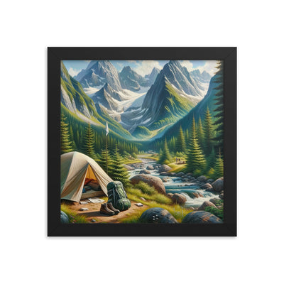 Ölgemälde der Alpensommerlandschaft mit Zelt, Gipfeln, Wäldern und Bächen - Premium Poster mit Rahmen camping xxx yyy zzz 25.4 x 25.4 cm