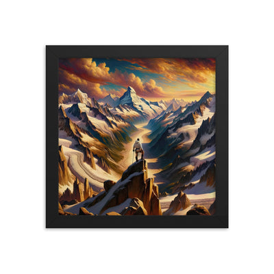 Ölgemälde eines Wanderers auf einem Hügel mit Panoramablick auf schneebedeckte Alpen und goldenen Himmel - Enhanced Matte Paper Framed wandern xxx yyy zzz 25.4 x 25.4 cm