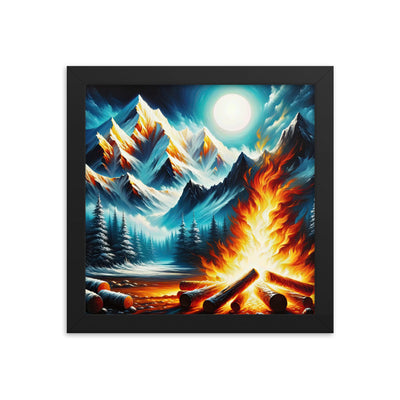 Ölgemälde von Feuer und Eis: Lagerfeuer und Alpen im Kontrast, warme Flammen - Premium Poster mit Rahmen camping xxx yyy zzz 25.4 x 25.4 cm