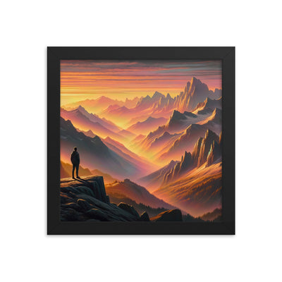Ölgemälde der Alpen in der goldenen Stunde mit Wanderer, Orange-Rosa Bergpanorama - Premium Poster mit Rahmen wandern xxx yyy zzz 25.4 x 25.4 cm
