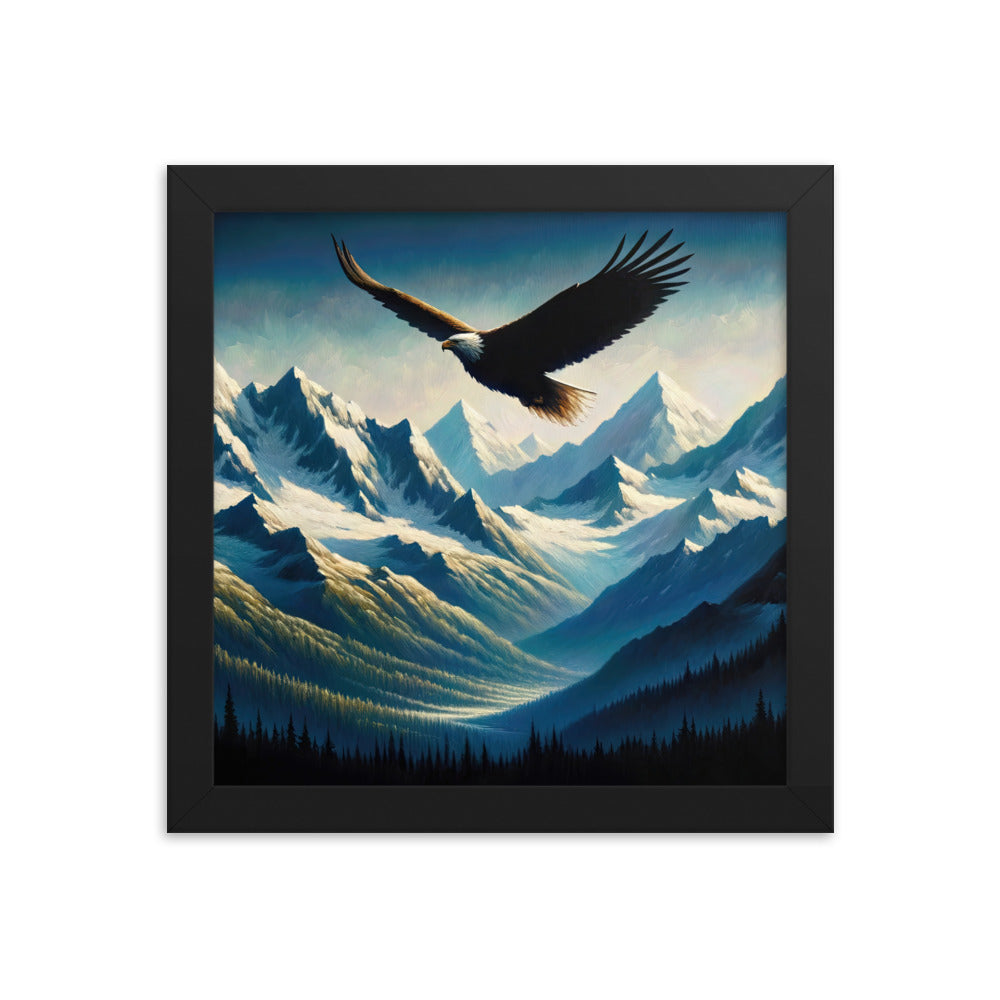Ölgemälde eines Adlers vor schneebedeckten Bergsilhouetten - Premium Poster mit Rahmen berge xxx yyy zzz 25.4 x 25.4 cm