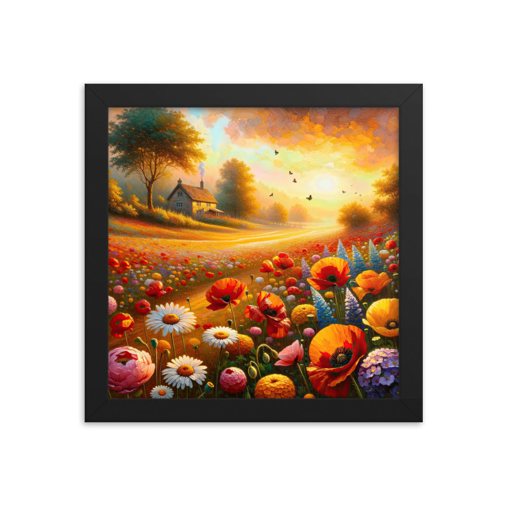 Ölgemälde eines Blumenfeldes im Sonnenuntergang, leuchtende Farbpalette - Premium Poster mit Rahmen camping xxx yyy zzz 25.4 x 25.4 cm