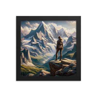 Ölgemälde der Alpengipfel mit Schweizer Abenteurerin auf Felsvorsprung - Premium Poster mit Rahmen wandern xxx yyy zzz 25.4 x 25.4 cm