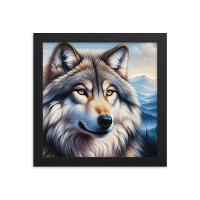 Ölgemäldeporträt eines majestätischen Wolfes mit intensiven Augen in der Berglandschaft (AN) - Premium Poster mit Rahmen xxx yyy zzz 25.4 x 25.4 cm