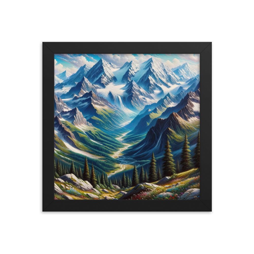 Panorama-Ölgemälde der Alpen mit schneebedeckten Gipfeln und schlängelnden Flusstälern - Premium Poster mit Rahmen berge xxx yyy zzz 25.4 x 25.4 cm