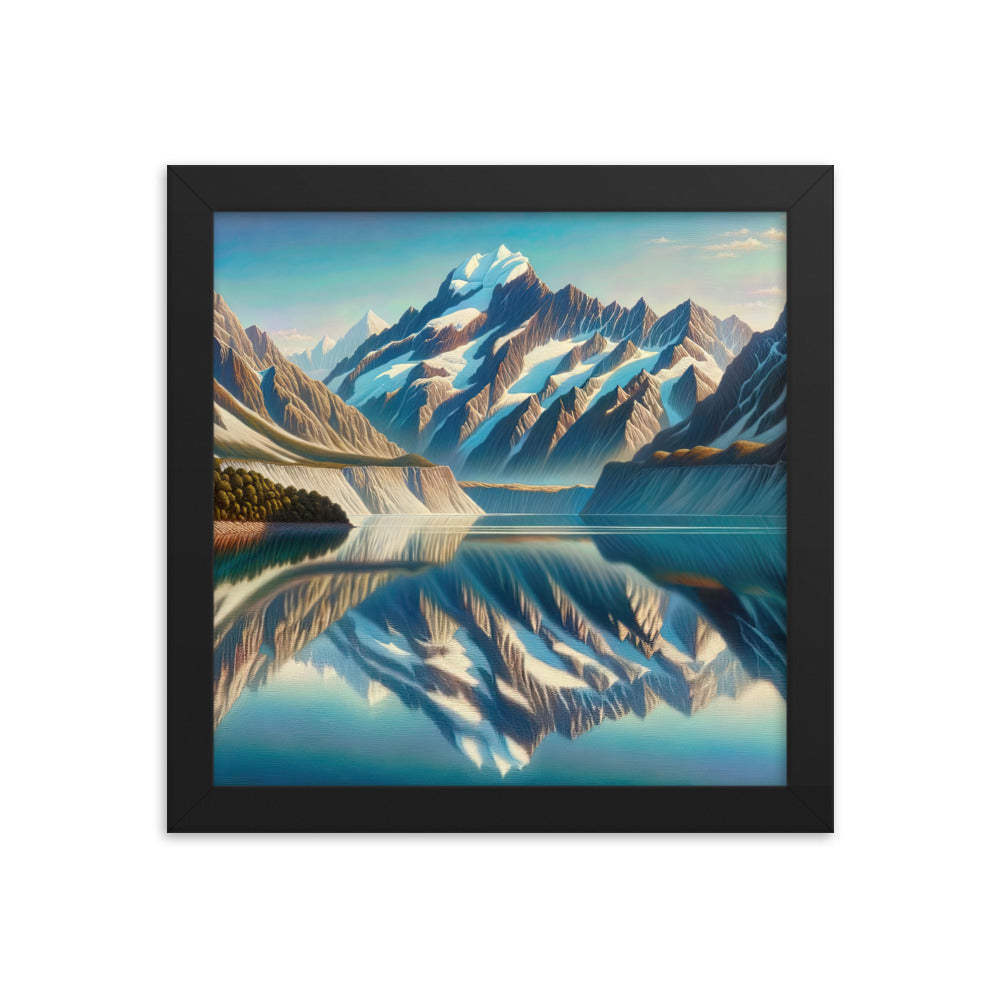 Ölgemälde eines unberührten Sees, der die Bergkette spiegelt - Premium Poster mit Rahmen berge xxx yyy zzz 25.4 x 25.4 cm