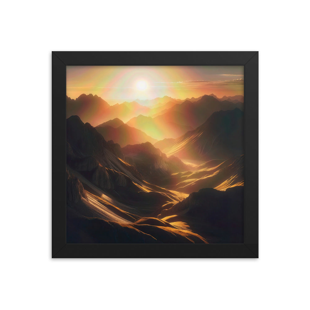 Foto der goldenen Stunde in den Bergen mit warmem Schein über zerklüftetem Gelände - Premium Poster mit Rahmen berge xxx yyy zzz 25.4 x 25.4 cm