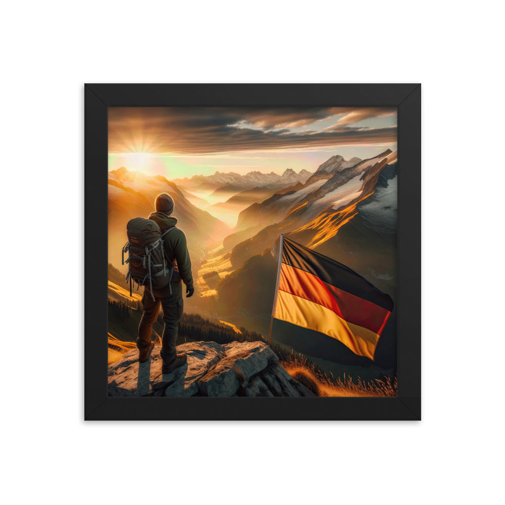 Foto der Alpen bei Sonnenuntergang mit deutscher Flagge und Wanderer, goldenes Licht auf Schneegipfeln - Enhanced Matte Paper Framed berge xxx yyy zzz 25.4 x 25.4 cm