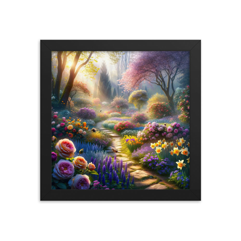 Foto einer Gartenszene im Frühling mit Weg durch blühende Rosen und Veilchen - Premium Poster mit Rahmen camping xxx yyy zzz 25.4 x 25.4 cm