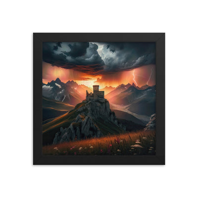 Foto einer Alpenburg bei stürmischem Sonnenuntergang, dramatische Wolken und Sonnenstrahlen - Premium Poster mit Rahmen berge xxx yyy zzz 25.4 x 25.4 cm