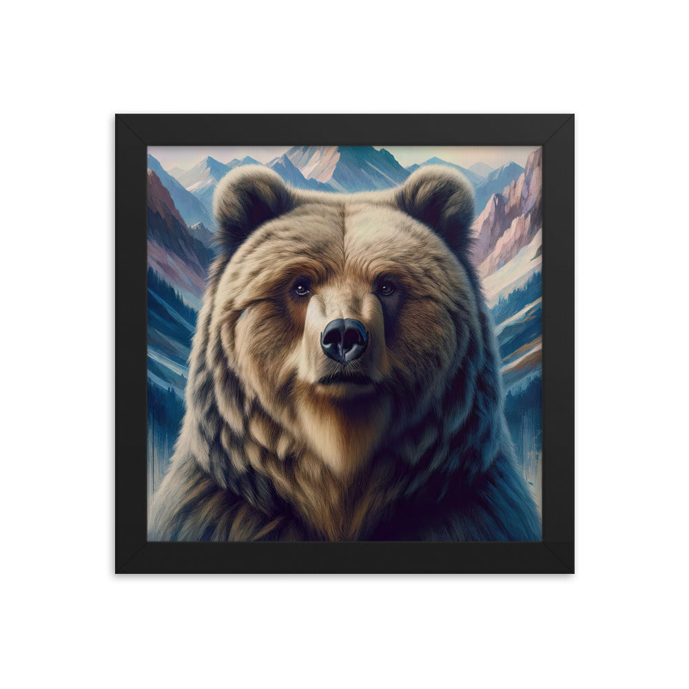 Foto eines Bären vor abstrakt gemalten Alpenbergen, Oberkörper im Fokus - Premium Poster mit Rahmen camping xxx yyy zzz 25.4 x 25.4 cm
