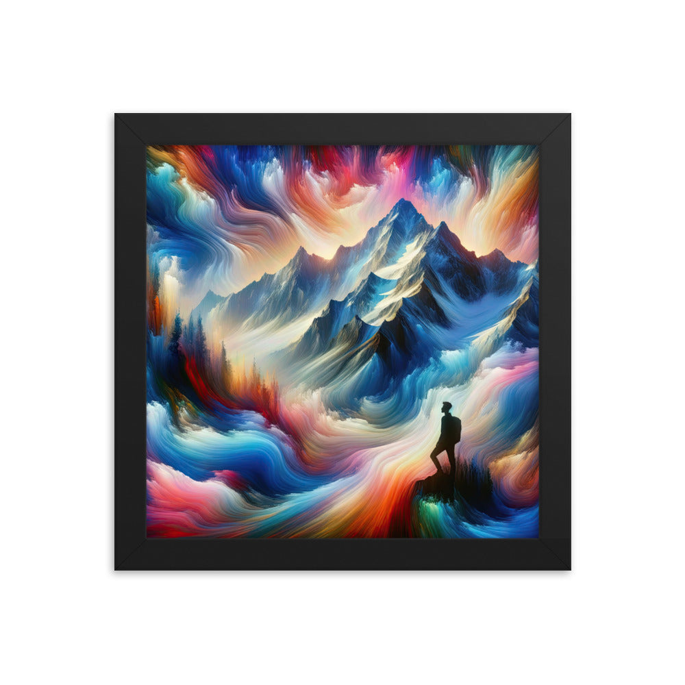 Foto eines abstrakt-expressionistischen Alpengemäldes mit Wanderersilhouette - Premium Poster mit Rahmen wandern xxx yyy zzz 25.4 x 25.4 cm